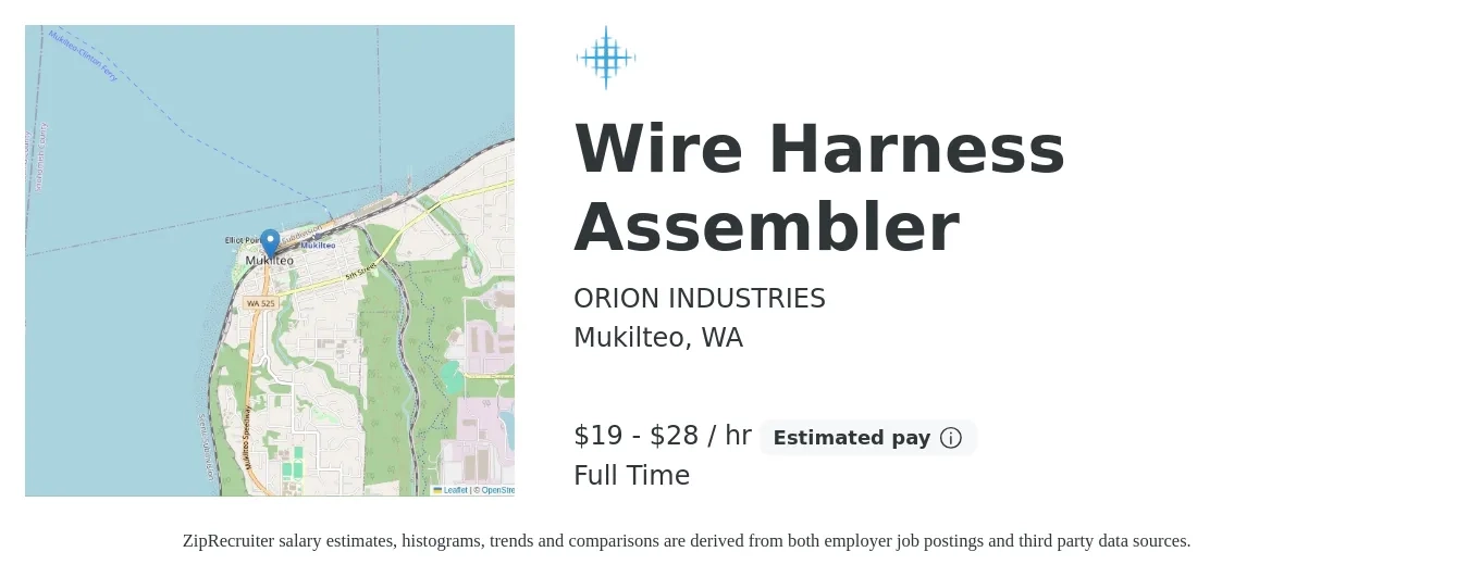 ORION INDUSTRIES job posting for a Wire Harness Assembler in Mukilteo, WA with a salary of $20 to $30 Hourly with a map of Mukilteo location.