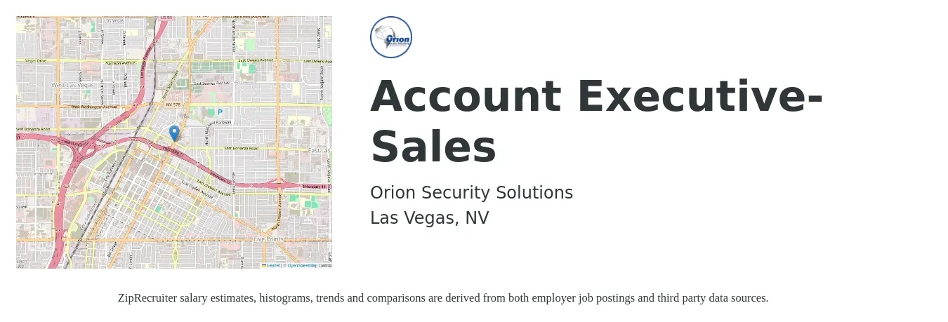 Orion Security Solutions job posting for a Account Executive-Sales in Las Vegas, NV with a salary of $54,300 to $95,500 Yearly with a map of Las Vegas location.