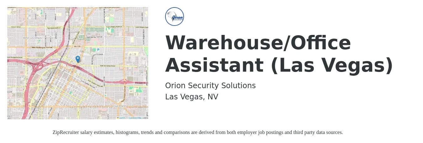 Orion Security Solutions job posting for a Warehouse/Office Assistant (Las Vegas) in Las Vegas, NV with a salary of $17 to $22 Hourly with a map of Las Vegas location.