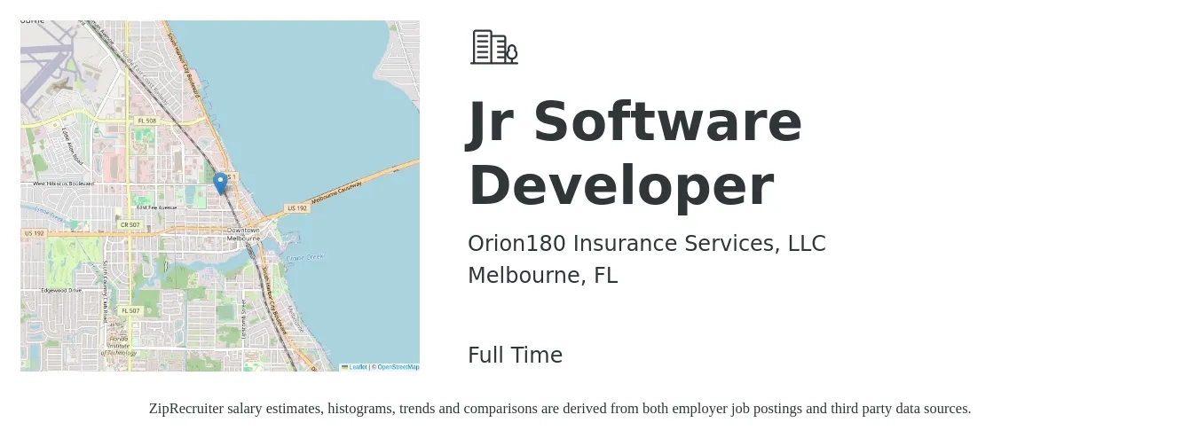 Orion180 Insurance Services, LLC job posting for a Jr Software Developer in Melbourne, FL with a salary of $62,000 to $80,500 Yearly with a map of Melbourne location.