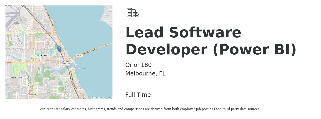 Orion180 job posting for a Lead Software Developer (Power BI) in Melbourne, FL with a salary of $107,400 to $134,700 Yearly with a map of Melbourne location.