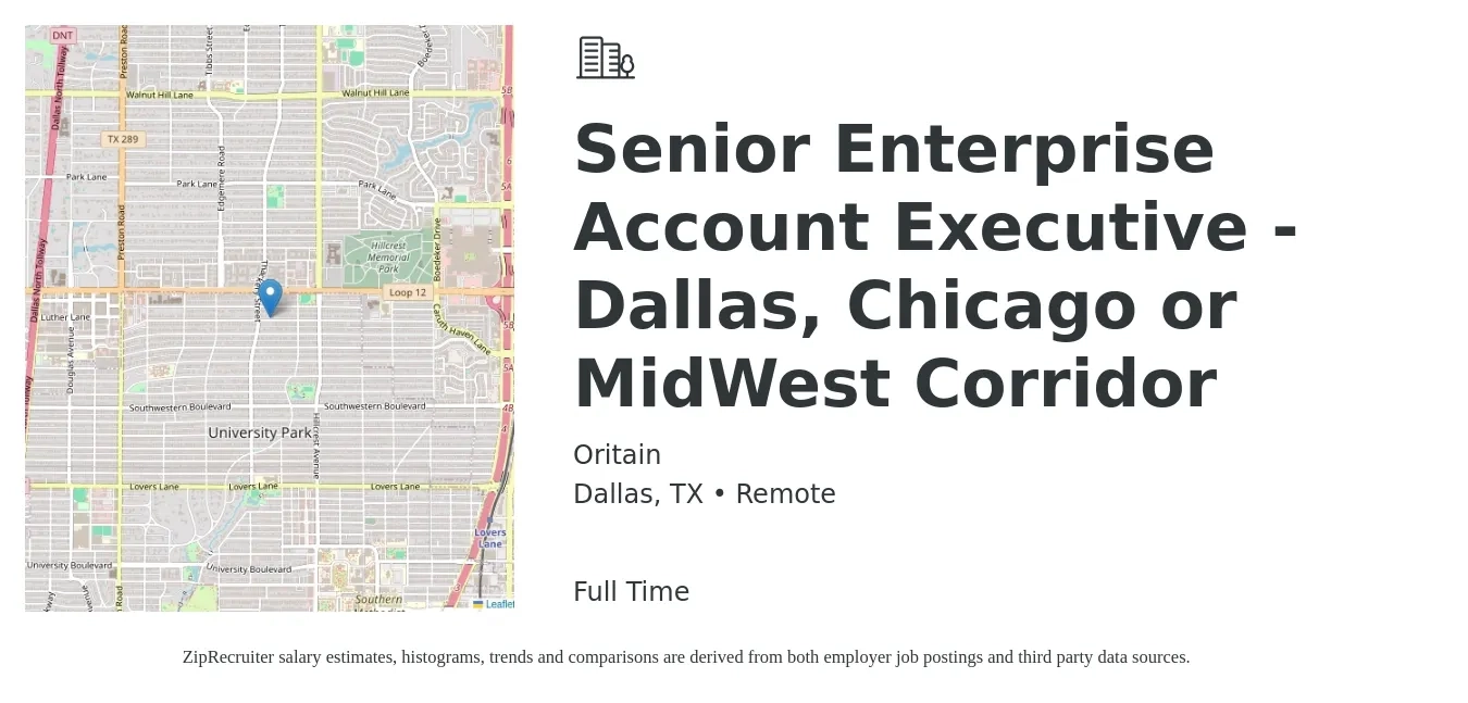 Oritain job posting for a Senior Enterprise Account Executive - Dallas, Chicago or MidWest Corridor in Dallas, TX with a salary of $76,200 to $116,700 Yearly with a map of Dallas location.