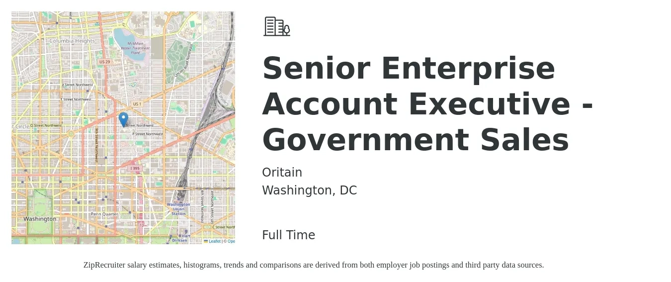Oritain job posting for a Senior Enterprise Account Executive - Government Sales in Washington, DC with a salary of $220,000 to $300,000 Yearly with a map of Washington location.