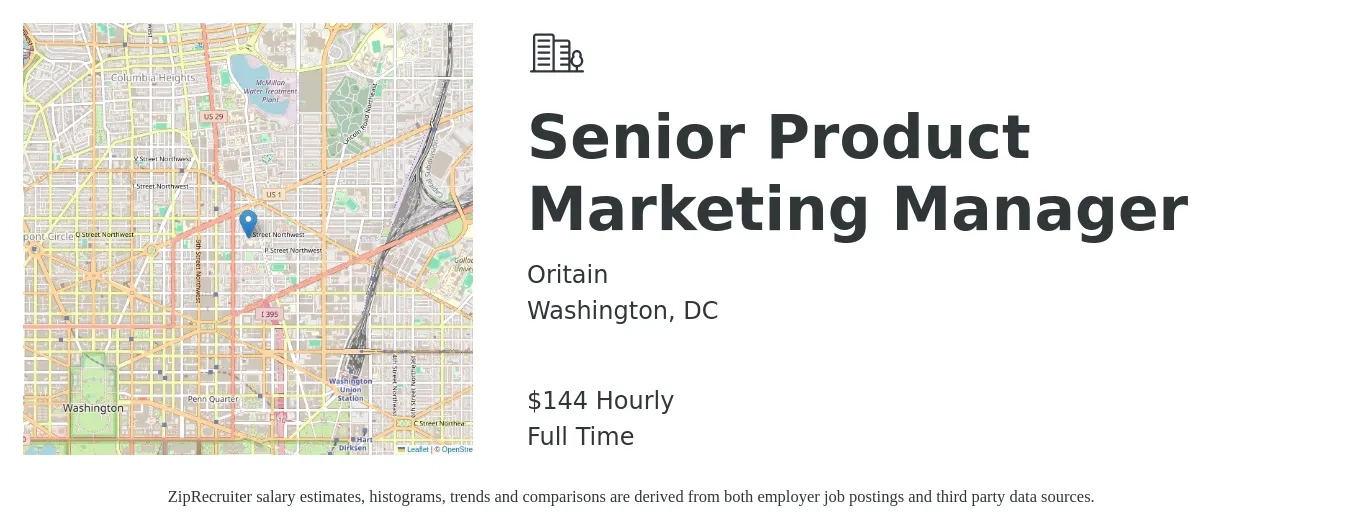 Oritain job posting for a Senior Product Marketing Manager in Washington, DC with a salary of $150 Hourly with a map of Washington location.