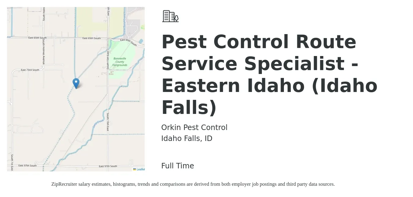 Orkin Pest Control job posting for a Pest Control Route Service Specialist - Eastern Idaho (Idaho Falls) in Idaho Falls, ID with a salary of $65,000 Yearly with a map of Idaho Falls location.