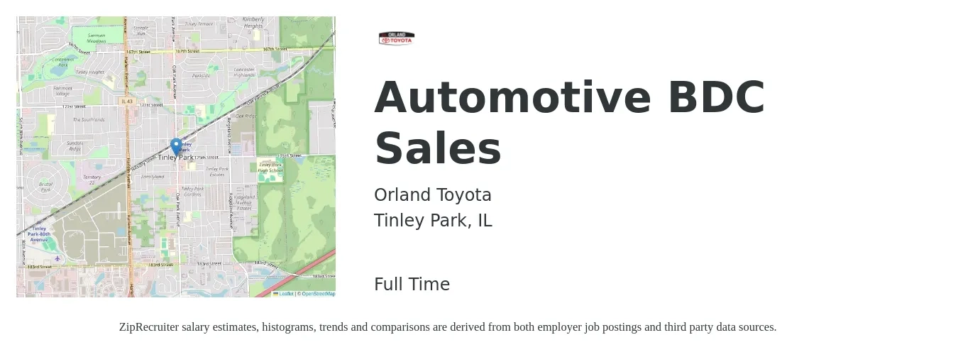 Orland Toyota job posting for a Automotive BDC Sales in Tinley Park, IL with a salary of $14 to $20 Hourly with a map of Tinley Park location.