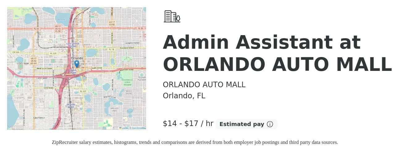 ORLANDO AUTO MALL job posting for a Admin Assistant at ORLANDO AUTO MALL in Orlando, FL with a salary of $15 to $18 Hourly with a map of Orlando location.