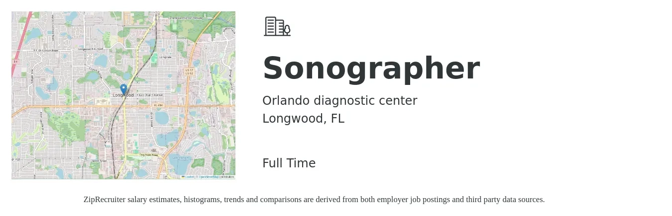 Orlando diagnostic center job posting for a Sonographer in Longwood, FL with a salary of $1,410 to $2,390 Weekly with a map of Longwood location.