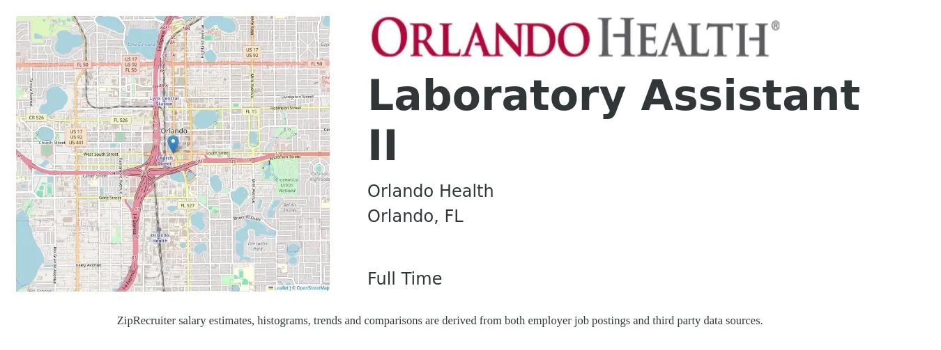 Orlando Health job posting for a Laboratory Assistant II in Orlando, FL with a salary of $16 to $22 Hourly with a map of Orlando location.