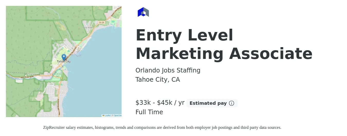 Orlando Jobs Staffing job posting for a Entry Level Marketing Associate in Tahoe City, CA with a salary of $33,000 to $45,000 Yearly with a map of Tahoe City location.