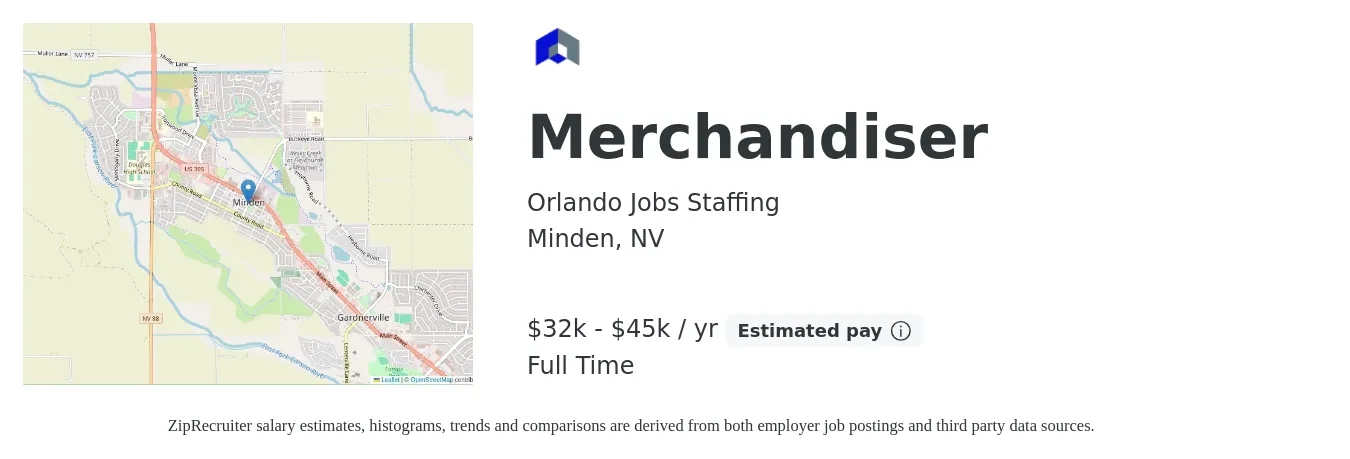 Orlando Jobs Staffing job posting for a Merchandiser in Minden, NV with a salary of $32,000 to $45,000 Yearly with a map of Minden location.