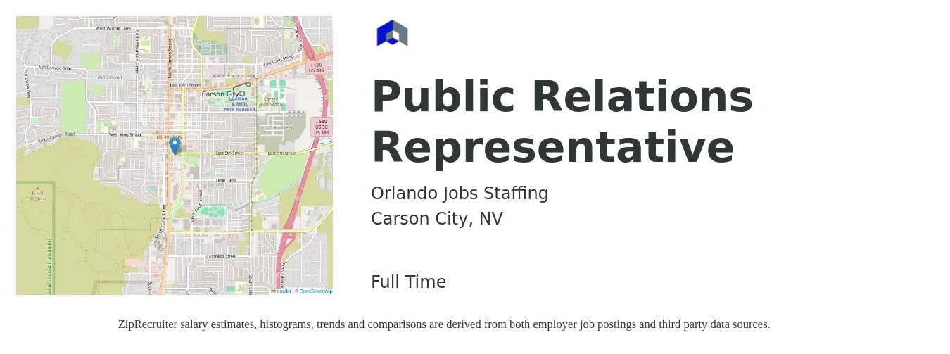 Orlando Jobs Staffing job posting for a Public Relations Representative in Carson City, NV with a salary of $500 to $900 Weekly with a map of Carson City location.