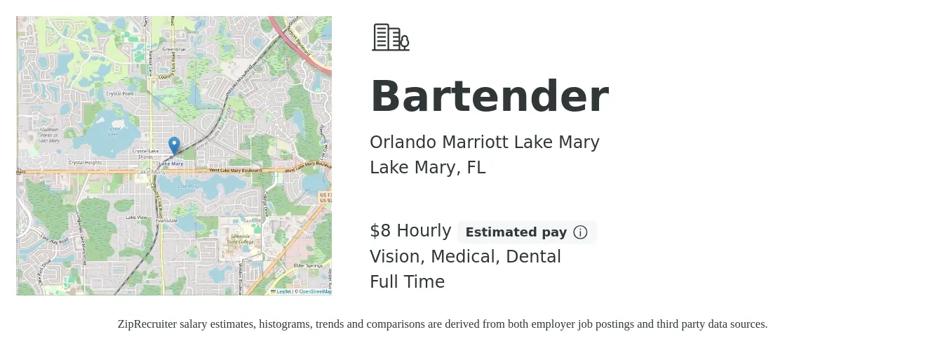 Orlando Marriott Lake Mary job posting for a Bartender in Lake Mary, FL with a salary of $9 Hourly and benefits including vision, dental, medical, pto, and retirement with a map of Lake Mary location.