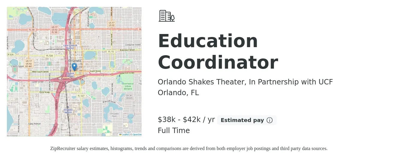 Orlando Shakes Theater, In Partnership with UCF job posting for a Education Coordinator in Orlando, FL with a salary of $38,000 to $42,000 Yearly with a map of Orlando location.