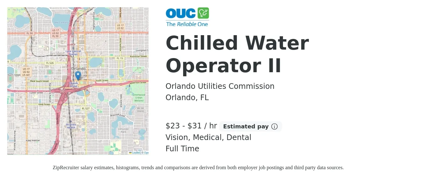 Orlando Utilities Commission job posting for a Chilled Water Operator II in Orlando, FL with a salary of $24 to $32 Hourly and benefits including medical, pto, retirement, vision, dental, and life_insurance with a map of Orlando location.