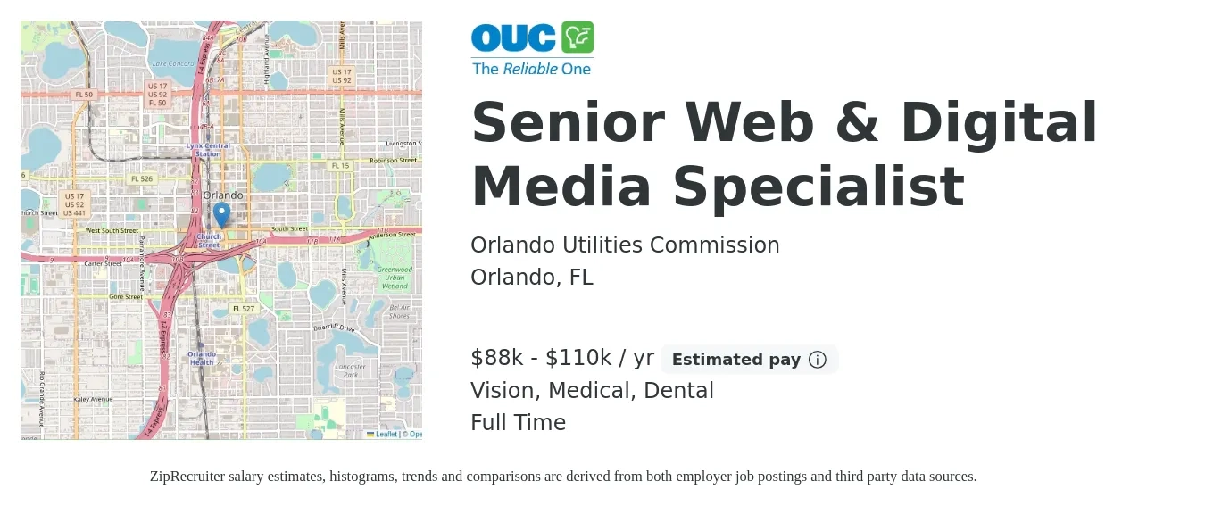 Orlando Utilities Commission job posting for a Senior Web & Digital Media Specialist in Orlando, FL with a salary of $88,000 to $110,000 Yearly and benefits including pto, retirement, vision, dental, life_insurance, and medical with a map of Orlando location.