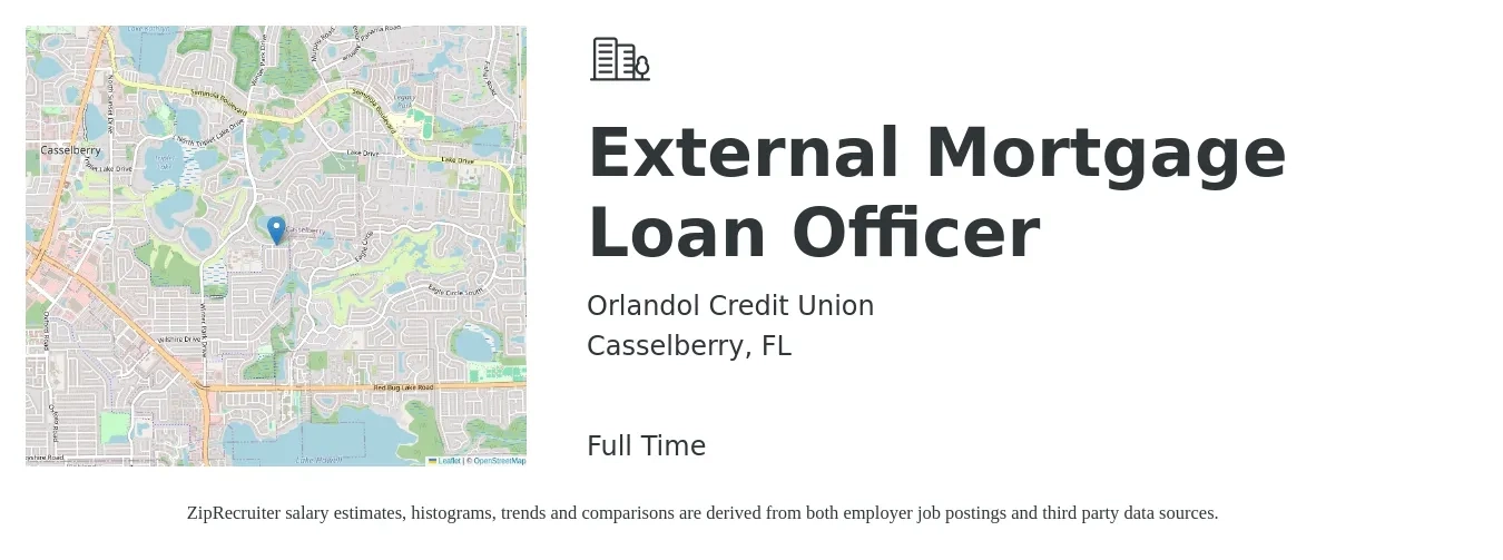 Orlandol Credit Union job posting for a External Mortgage Loan Officer in Casselberry, FL with a salary of $44,100 to $84,700 Yearly with a map of Casselberry location.