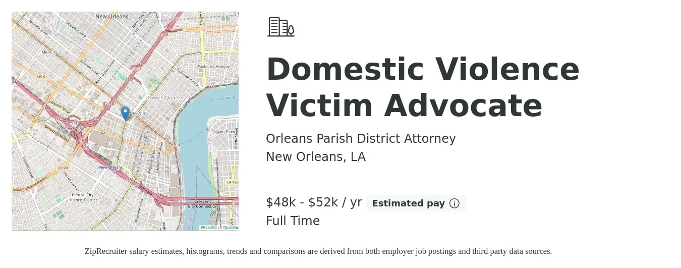 Orleans Parish District Attorney job posting for a Domestic Violence Victim Advocate in New Orleans, LA with a salary of $48,000 to $52,000 Yearly with a map of New Orleans location.