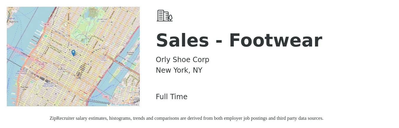 Orly Shoe Corp job posting for a Sales - Footwear in New York, NY with a salary of $58,900 to $102,400 Yearly with a map of New York location.