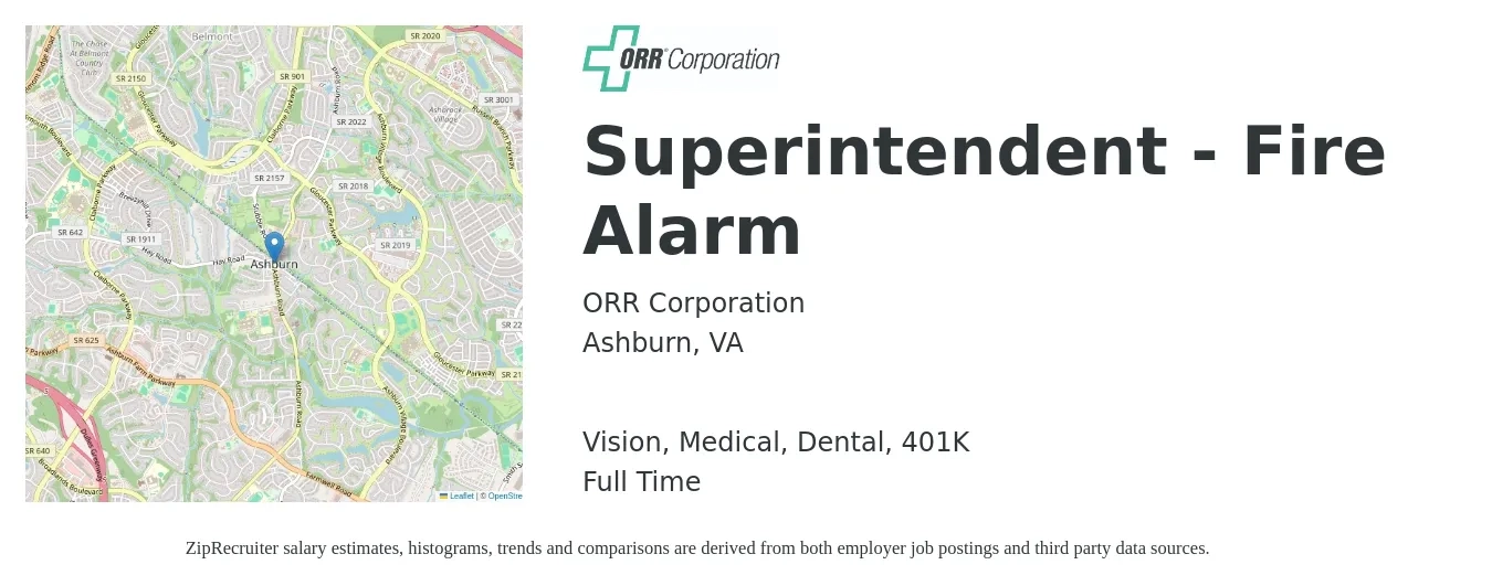 ORR Corporation job posting for a Superintendent - Fire Alarm in Ashburn, VA with a salary of $25 to $35 Hourly and benefits including dental, life_insurance, medical, vision, and 401k with a map of Ashburn location.