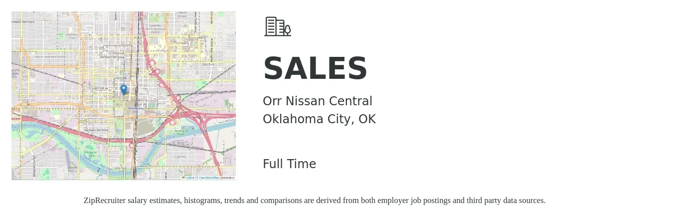 Orr Nissan Central job posting for a SALES in Oklahoma City, OK with a salary of $37,200 to $65,000 Yearly with a map of Oklahoma City location.