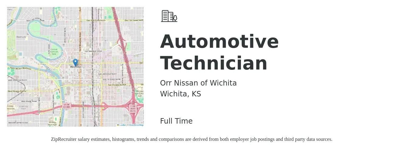 Orr Nissan of Wichita job posting for a Automotive Technician in Wichita, KS with a salary of $20 to $31 Hourly with a map of Wichita location.