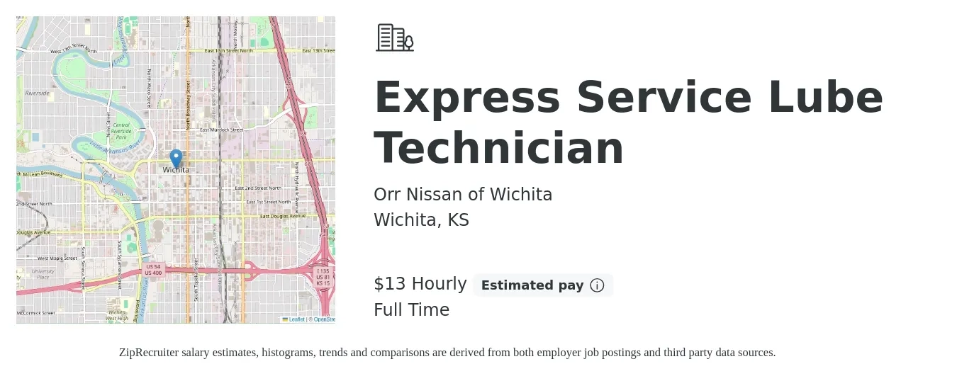 Orr Nissan of Wichita job posting for a Express Service Lube Technician in Wichita, KS with a salary of $14 Hourly with a map of Wichita location.