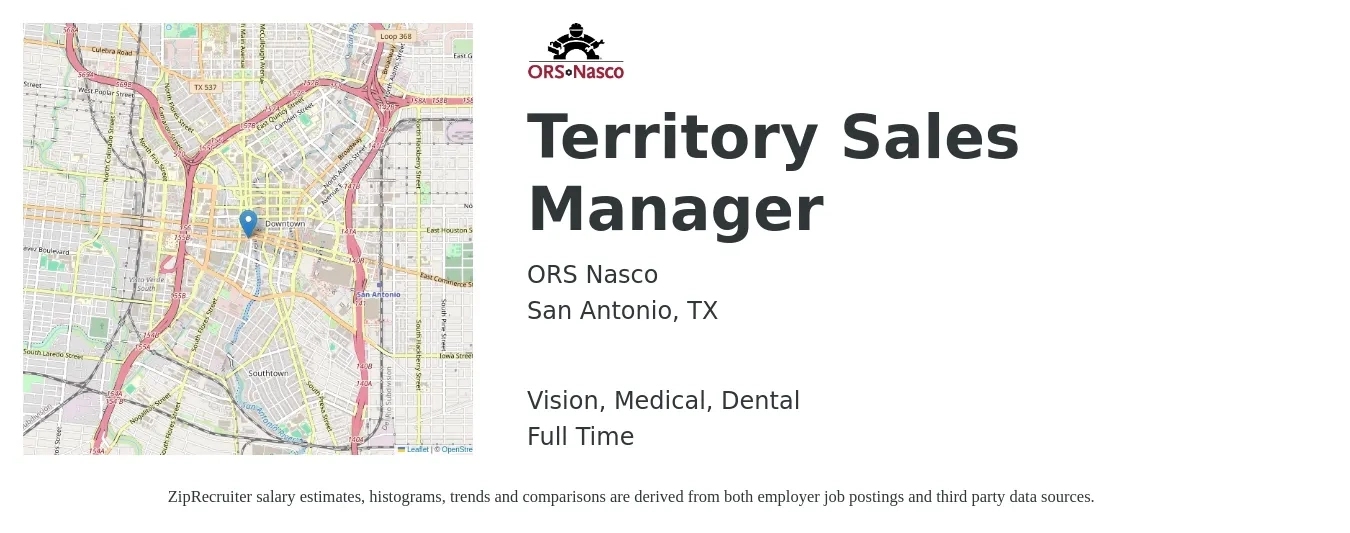 ORS Nasco job posting for a Territory Sales Manager in San Antonio, TX with a salary of $58,200 to $89,300 Yearly and benefits including life_insurance, medical, retirement, vision, and dental with a map of San Antonio location.