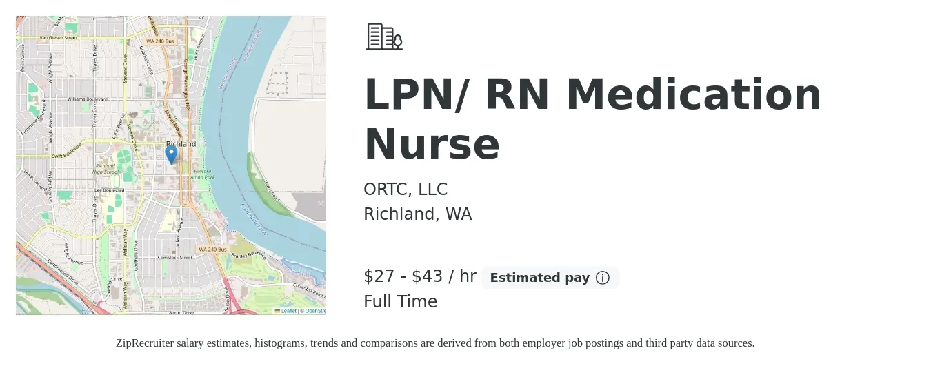 ORTC, LLC job posting for a LPN/ RN Medication Nurse in Richland, WA with a salary of $29 to $45 Hourly with a map of Richland location.