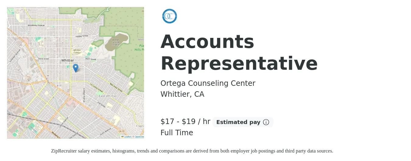 Ortega Counseling Center job posting for a Accounts Representative in Whittier, CA with a salary of $18 to $20 Hourly with a map of Whittier location.