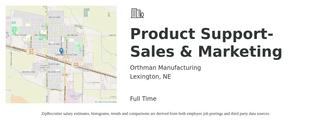 Orthman Manufacturing job posting for a Product Support- Sales & Marketing in Lexington, NE with a salary of $19 to $22 Hourly with a map of Lexington location.