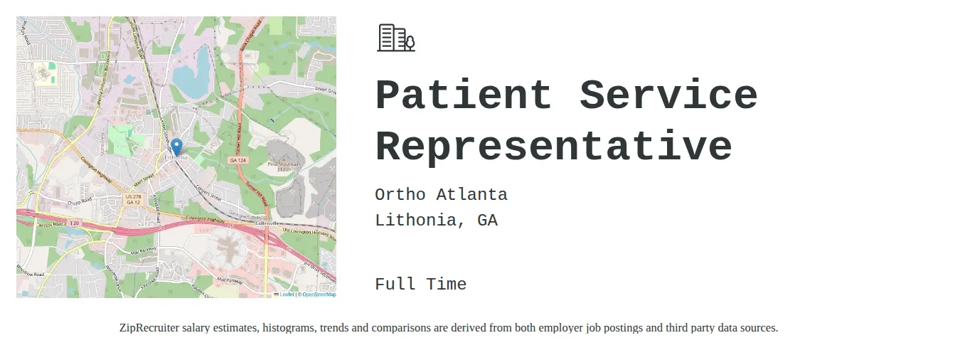 Ortho Atlanta job posting for a Patient Service Representative in Lithonia, GA with a salary of $16 to $20 Hourly with a map of Lithonia location.