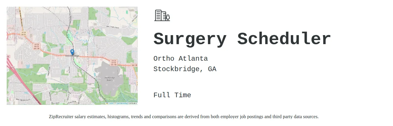 Ortho Atlanta job posting for a Surgery Scheduler in Stockbridge, GA with a salary of $16 to $21 Hourly with a map of Stockbridge location.