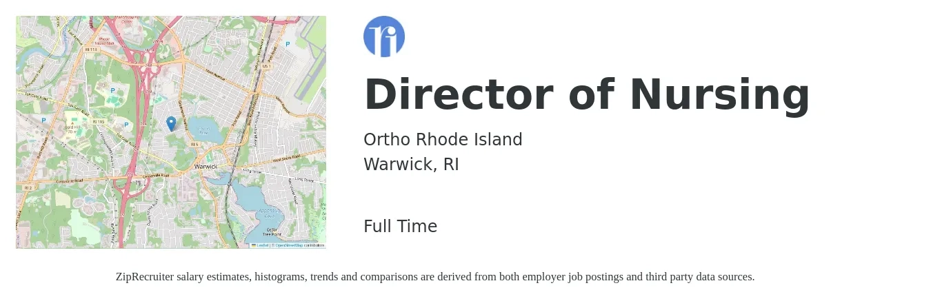 Ortho Rhode Island job posting for a Director of Nursing in Warwick, RI with a salary of $81,000 to $122,500 Yearly with a map of Warwick location.