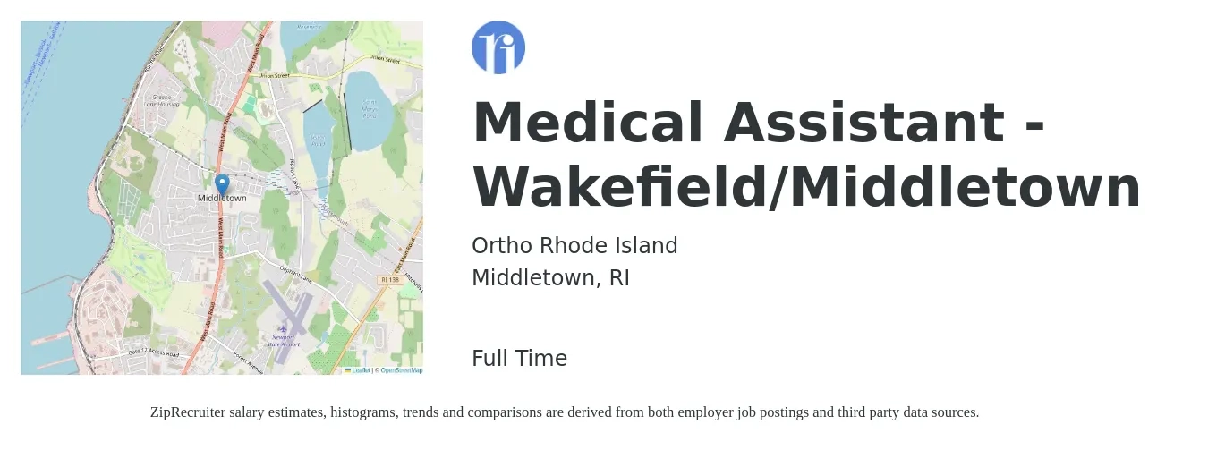 Ortho Rhode Island job posting for a Medical Assistant - Wakefield/Middletown in Middletown, RI with a salary of $18 to $23 Hourly with a map of Middletown location.