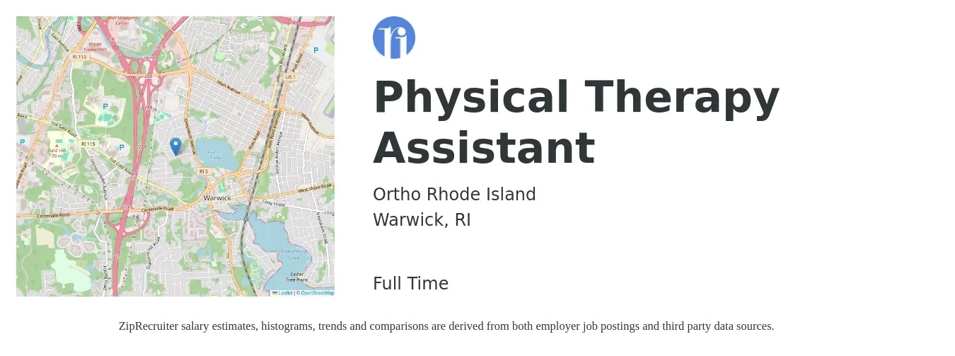 Ortho Rhode Island job posting for a Physical Therapy Assistant in Warwick, RI with a salary of $27 to $36 Hourly with a map of Warwick location.