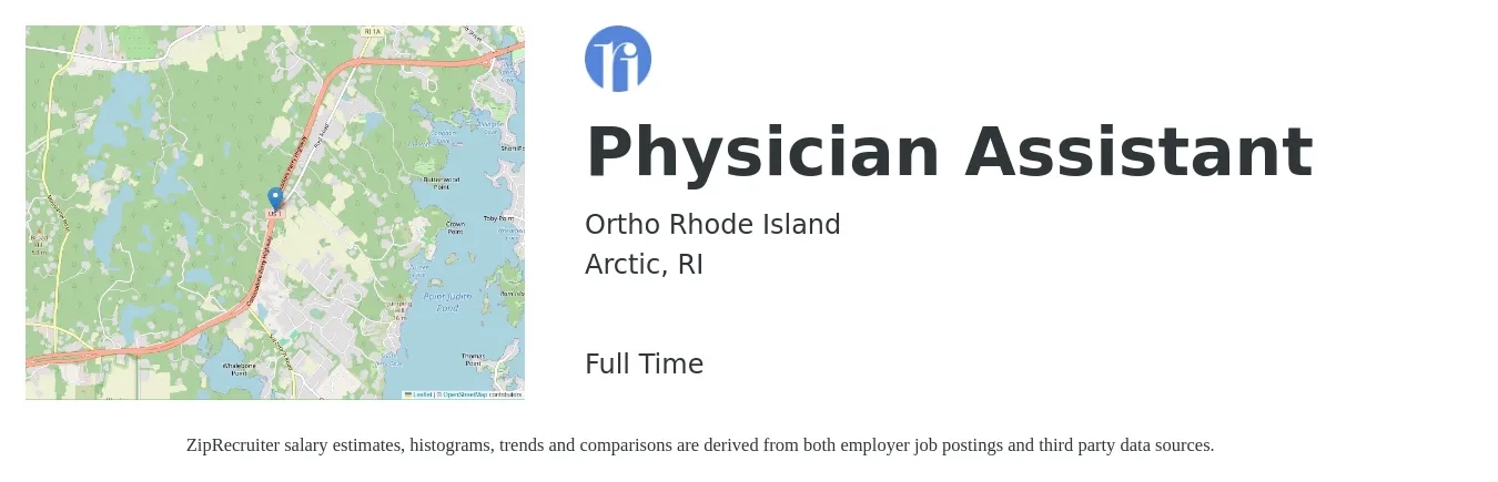 Ortho Rhode Island job posting for a Physician Assistant in Arctic, RI with a salary of $100,500 to $136,200 Yearly with a map of Arctic location.