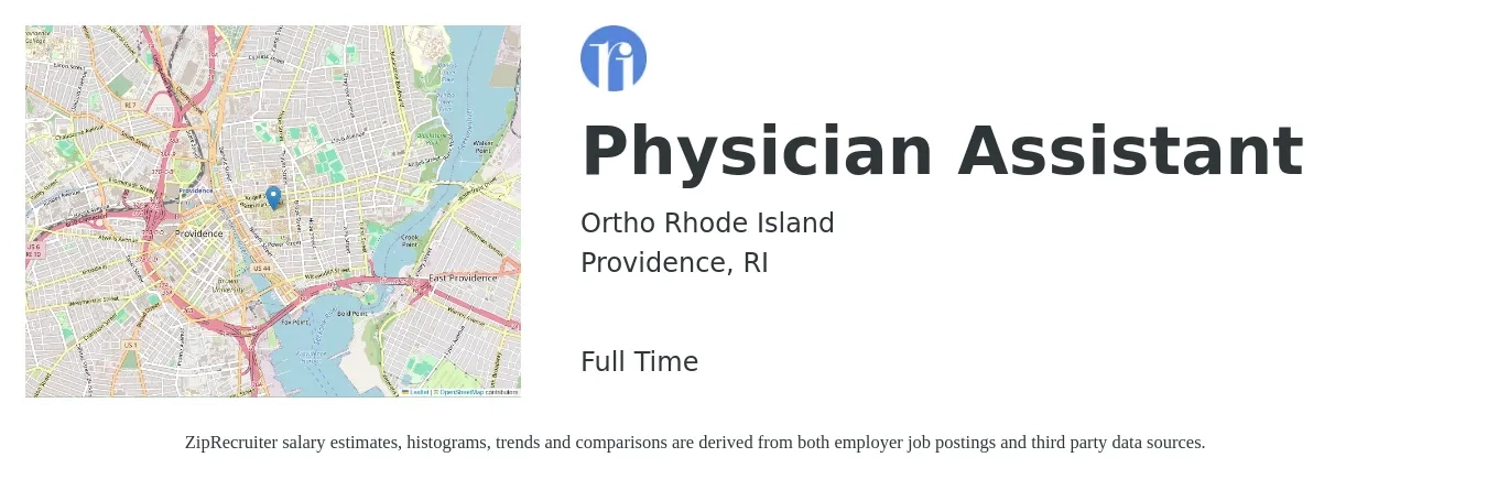 Ortho Rhode Island job posting for a Physician Assistant in Providence, RI with a salary of $101,000 to $136,900 Yearly with a map of Providence location.