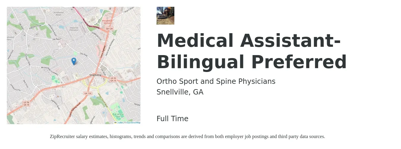 Ortho Sport and Spine Physicians job posting for a Medical Assistant-Bilingual Preferred in Snellville, GA with a salary of $20 Hourly with a map of Snellville location.