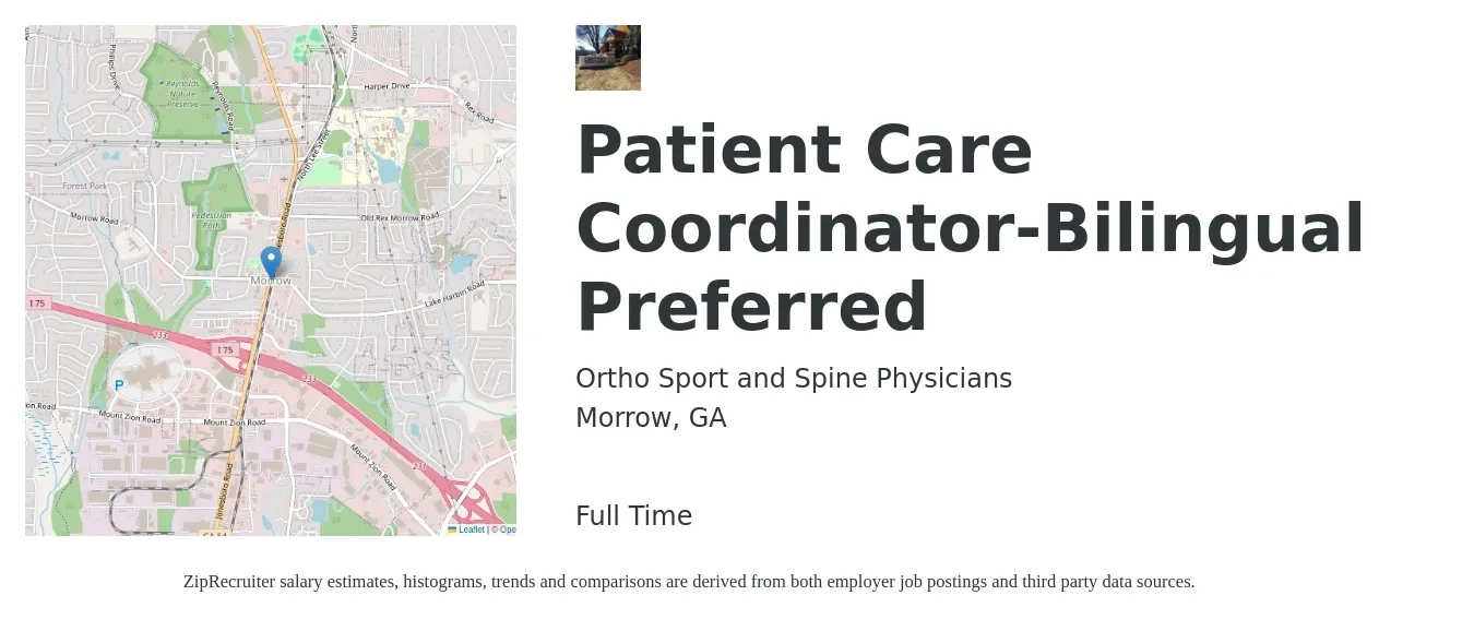 Ortho Sport and Spine Physicians job posting for a Patient Care Coordinator-Bilingual Preferred in Morrow, GA with a salary of $17 to $22 Hourly with a map of Morrow location.