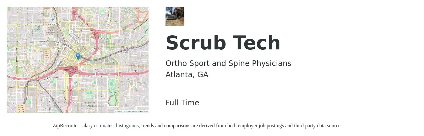 Ortho Sport and Spine Physicians job posting for a Scrub Tech in Atlanta, GA with a salary of $24 to $47 Hourly with a map of Atlanta location.