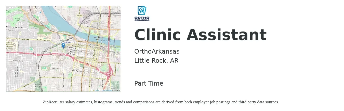 OrthoArkansas job posting for a Clinic Assistant in Little Rock, AR with a salary of $13 to $19 Hourly with a map of Little Rock location.