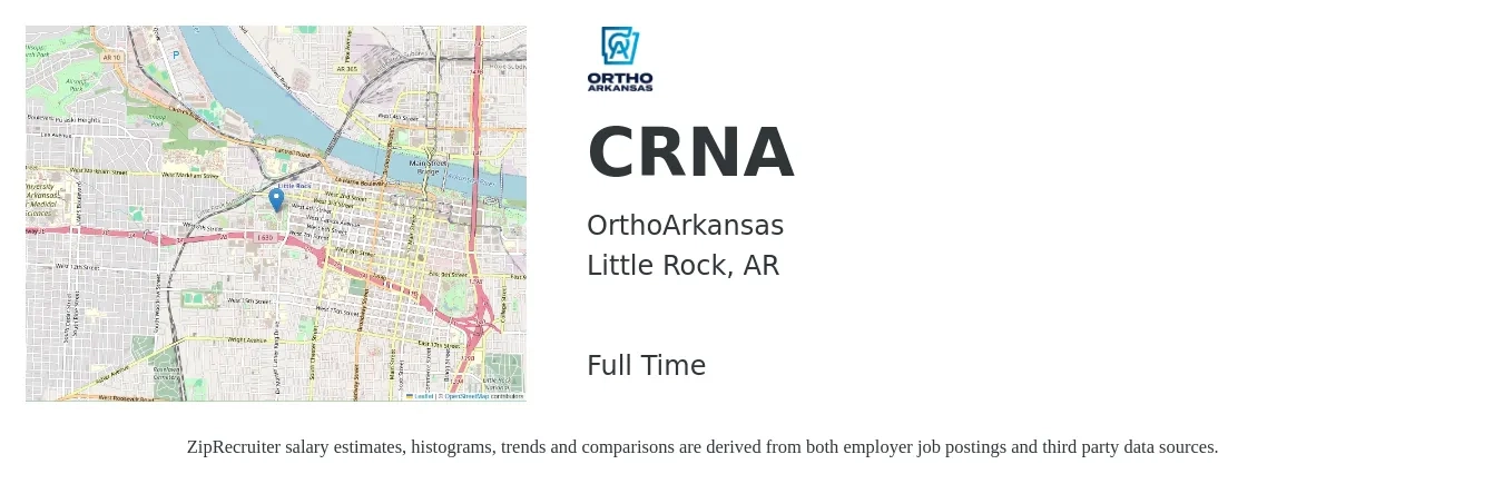OrthoArkansas job posting for a CRNA in Little Rock, AR with a salary of $78 to $143 Hourly with a map of Little Rock location.