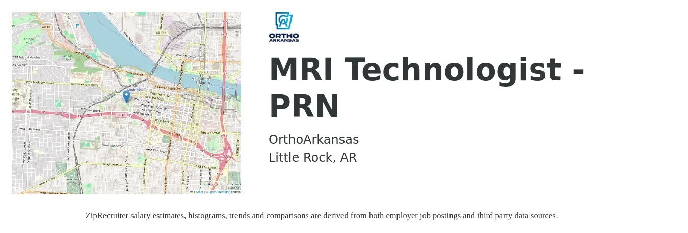OrthoArkansas job posting for a MRI Technologist - PRN in Little Rock, AR with a salary of $1,370 to $2,210 Weekly with a map of Little Rock location.