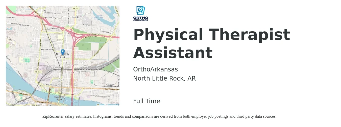 OrthoArkansas job posting for a Physical Therapist Assistant in North Little Rock, AR with a salary of $27 to $35 Hourly with a map of North Little Rock location.