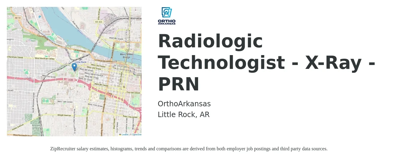 OrthoArkansas job posting for a Radiologic Technologist - X-Ray - PRN in Little Rock, AR with a salary of $1,020 to $1,790 Weekly with a map of Little Rock location.