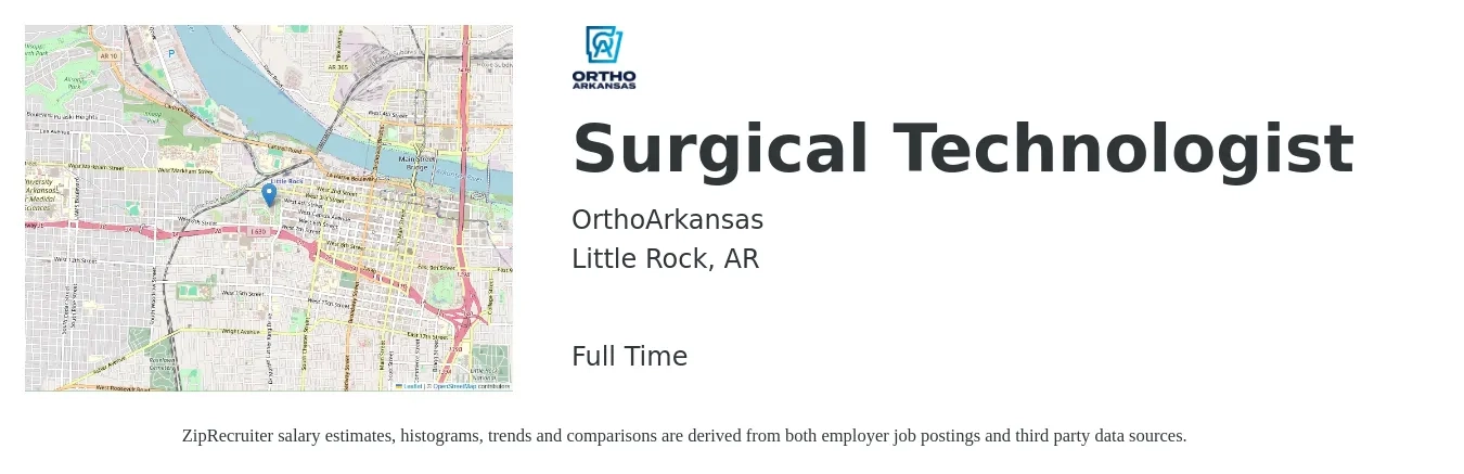 OrthoArkansas job posting for a Surgical Technologist in Little Rock, AR with a salary of $1,200 to $1,970 Weekly with a map of Little Rock location.