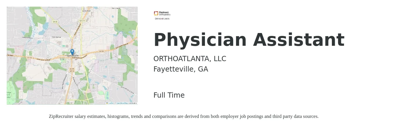 ORTHOATLANTA, LLC job posting for a Physician Assistant in Fayetteville, GA with a salary of $87,800 to $119,000 Yearly with a map of Fayetteville location.