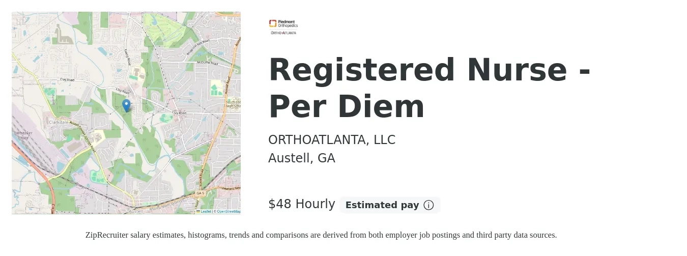 ORTHOATLANTA, LLC job posting for a Registered Nurse - Per Diem in Austell, GA with a salary of $30 to $47 Hourly with a map of Austell location.