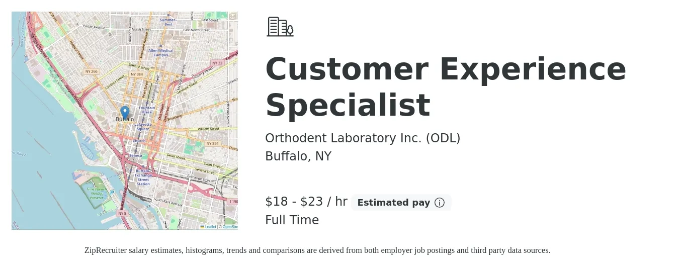Orthodent Laboratory Inc. (ODL) job posting for a Customer Experience Specialist in Buffalo, NY with a salary of $19 to $24 Hourly with a map of Buffalo location.